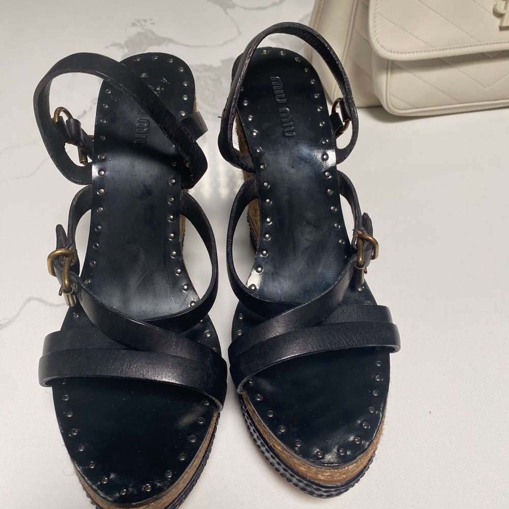 Miu Miu Black Leather Studded Wedge Sandals